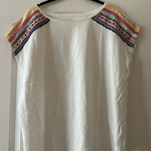 Modern Women Gear Women's Shoulder Beads Embroidered White Tee Top Sz L/XL